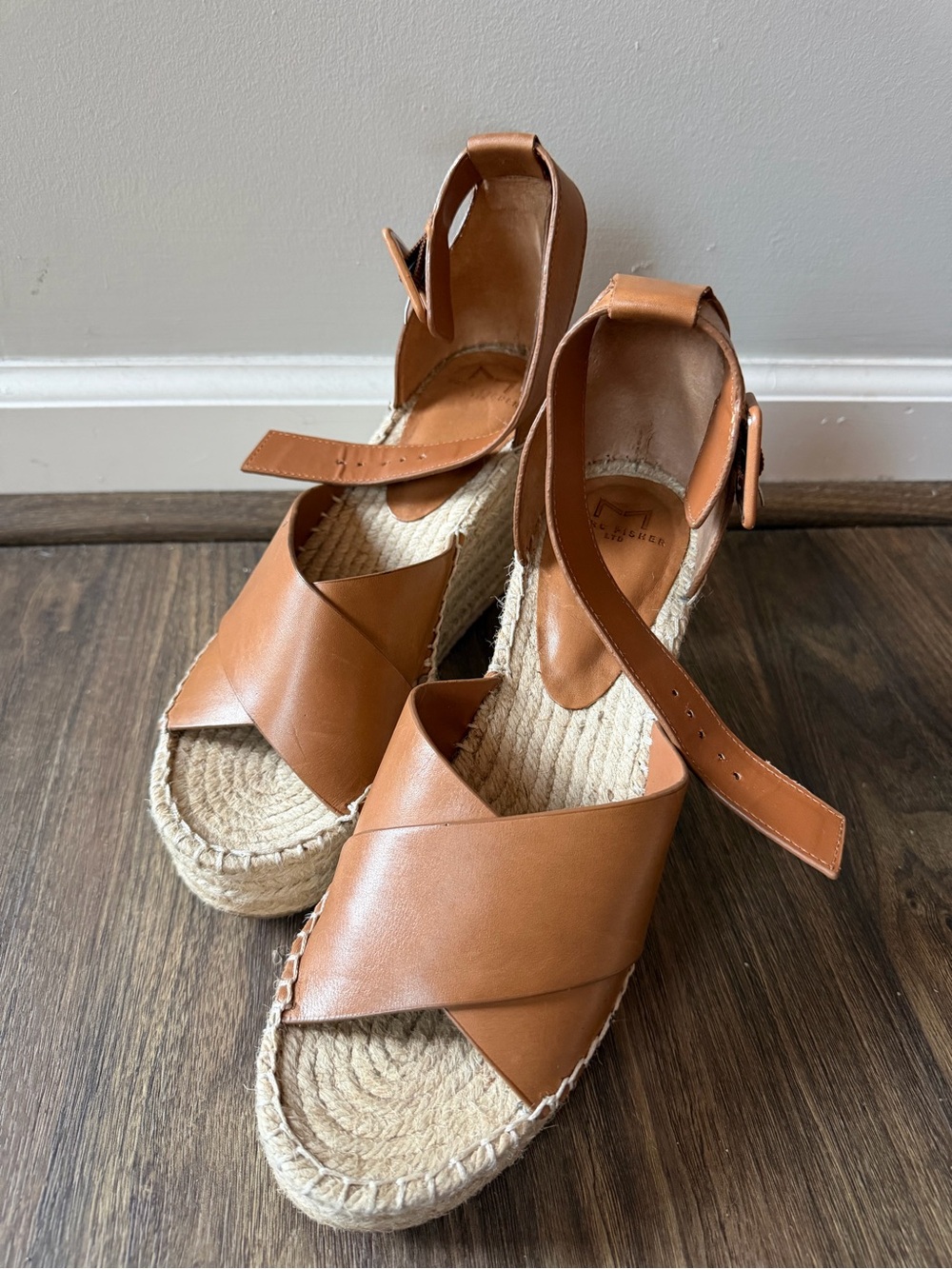 Marc Fisher Cognac Leather Espadrille Wedge Sandals